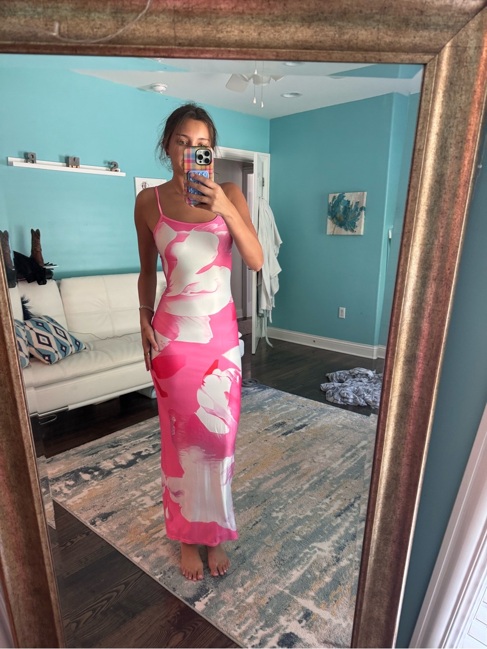 Sleeveless Pink & White Floral Slip Dress
